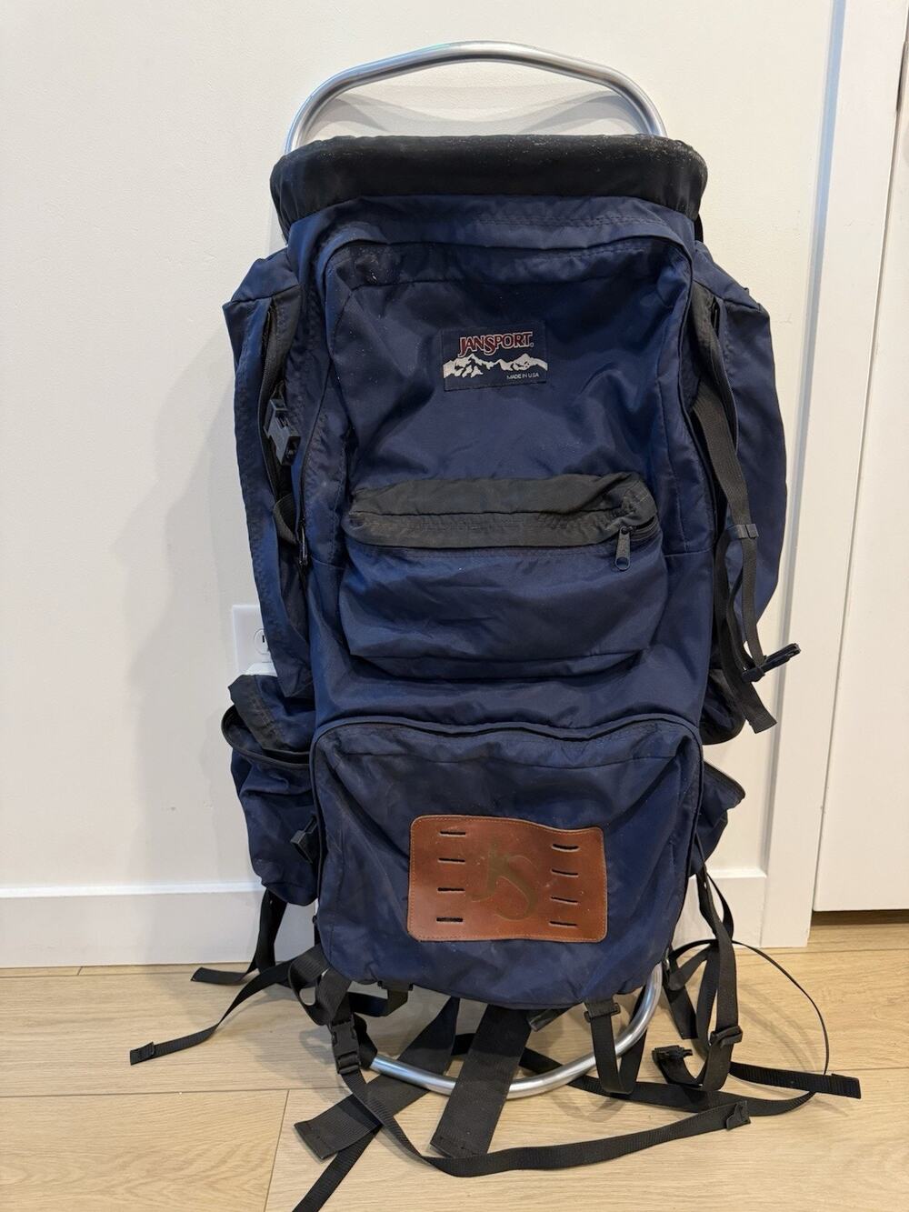 Vintage JanSport External Frame Hiking Backpack Navy Blue Aluminum Made In USA